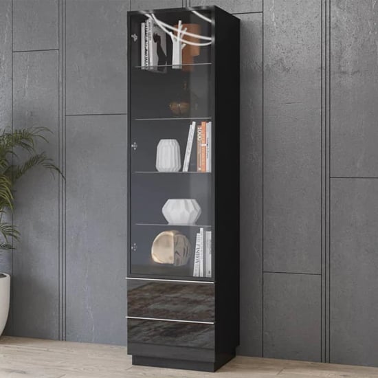 Herrin Display Cabinet Tall 1 Door In Black Glass Front And LED