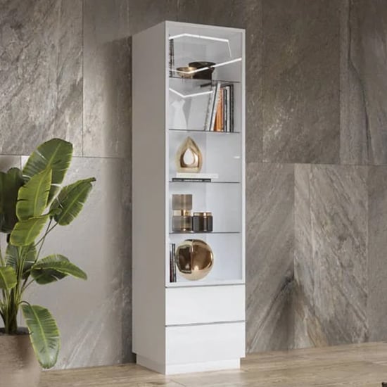 Herrin Display Cabinet Tall 1 Door In White Glass Front And LED