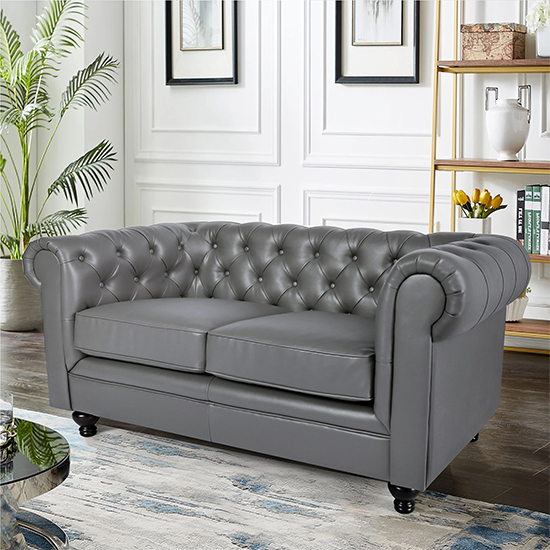 Hertford Chesterfield Faux Leather 2 Seater Sofa In Dark Grey