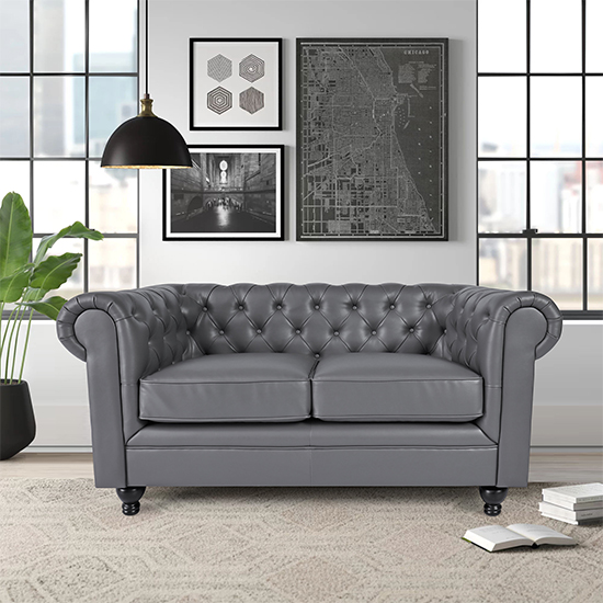 Hertford Chesterfield Faux Leather 2 Seater Sofa In Dark Grey
