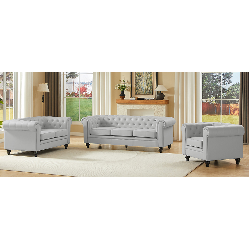 Hertford Chesterfield Faux Leather 3+2+1 Seater Sofa Set in Light Grey