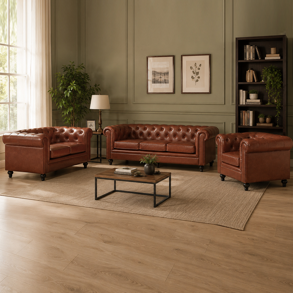 Hertford Chesterfield Faux Leather 3+2+1 Seater Sofa Set in Tan