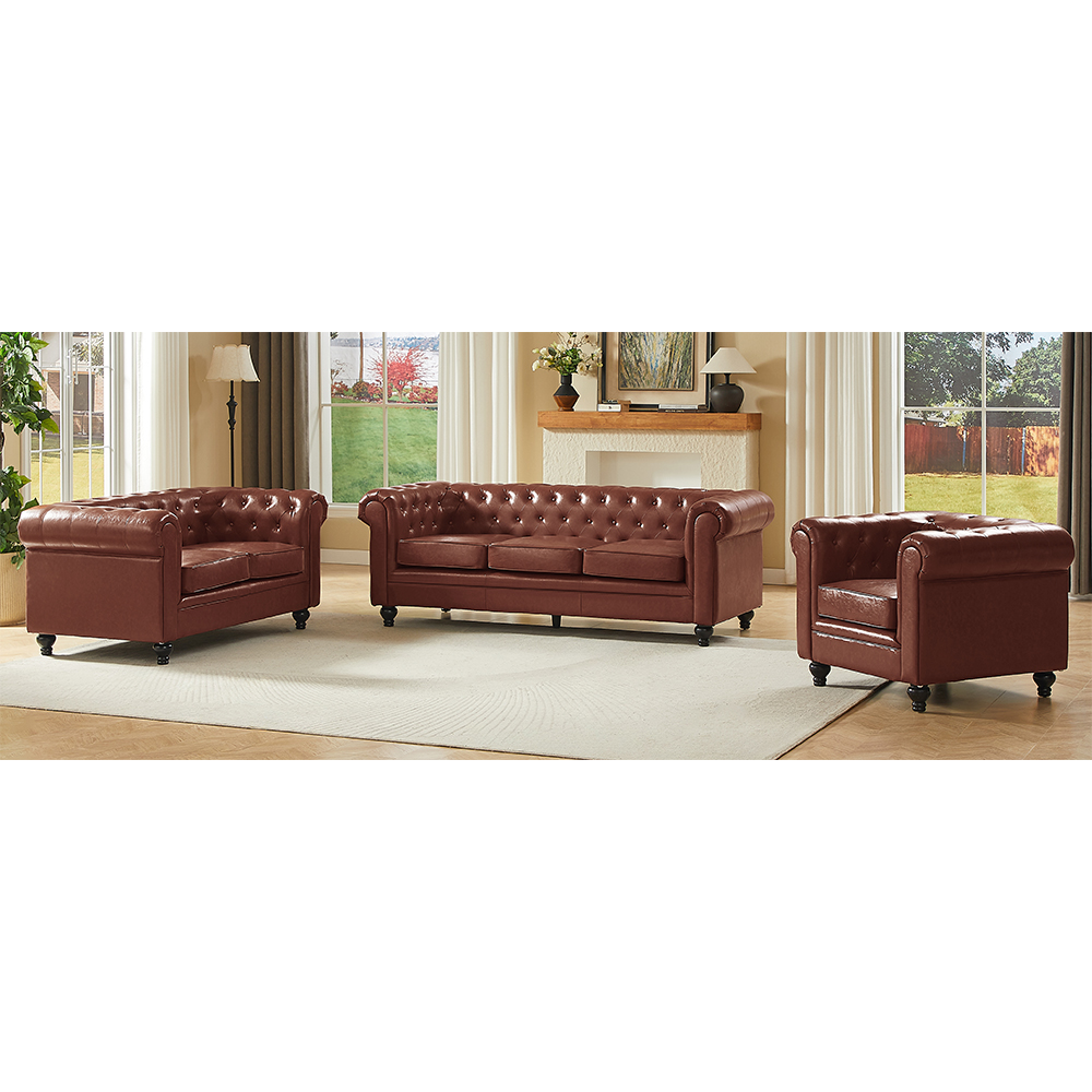 Hertford Chesterfield Faux Leather 3+2+1 Seater Sofa Set in Tan