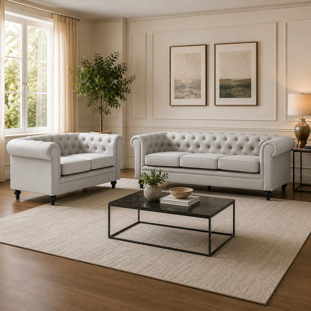 Hertford Chesterfield Faux Leather 3+2 Seater Sofa Set in Light Grey