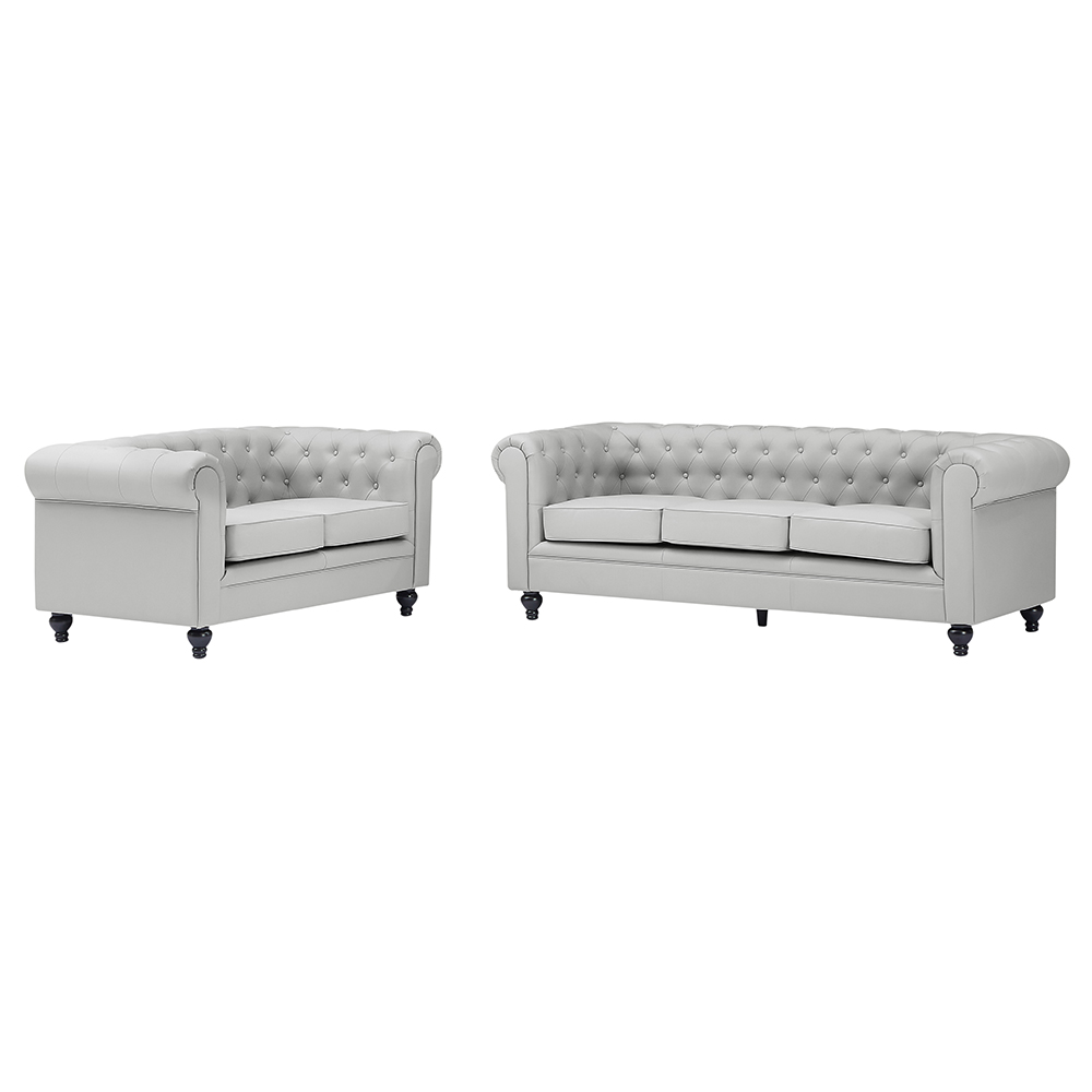 Hertford Chesterfield Faux Leather 3+2 Seater Sofa Set in Light Grey