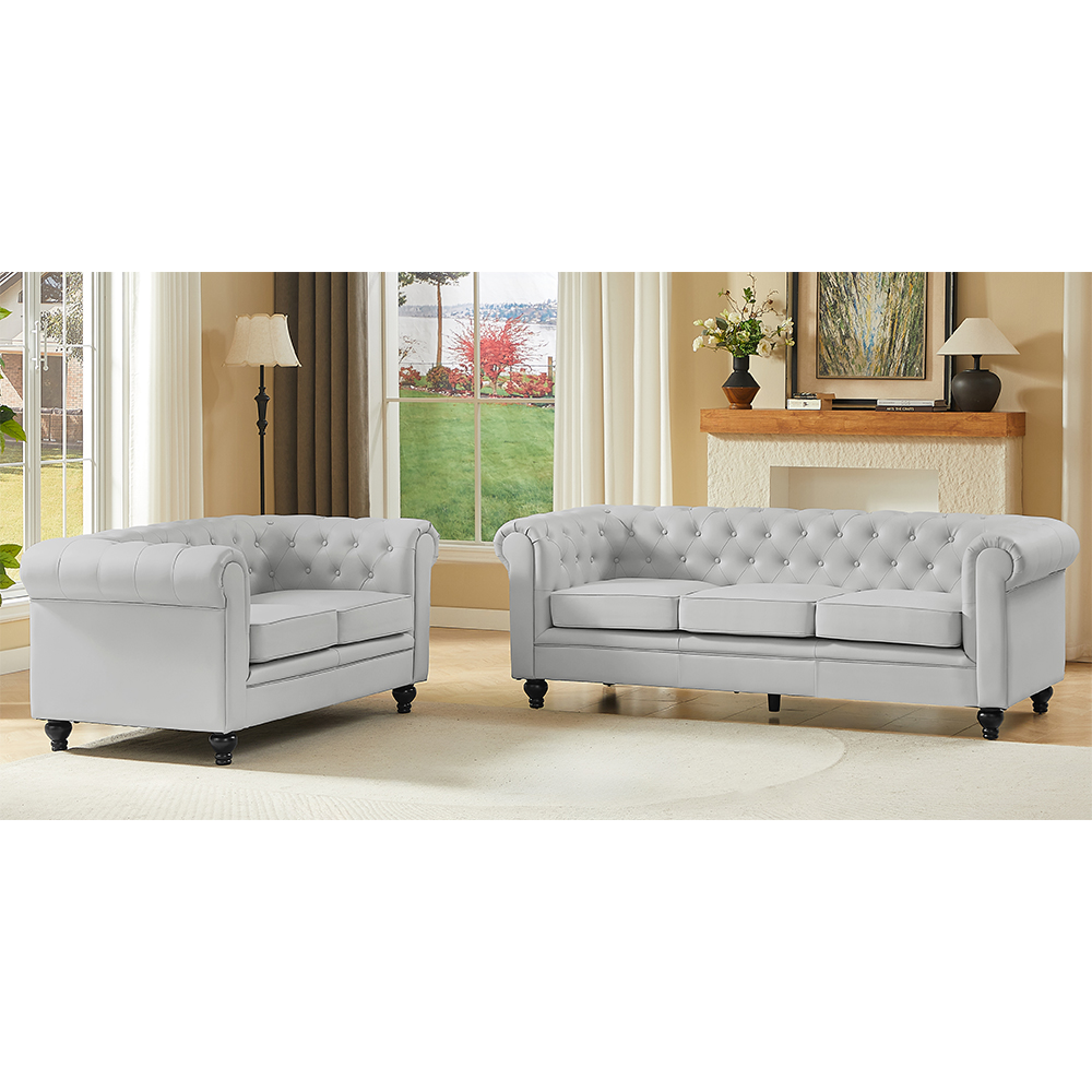 Hertford Chesterfield Faux Leather 3+2 Seater Sofa Set in Light Grey