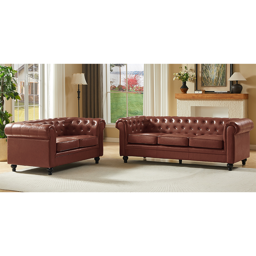 Hertford Chesterfield Faux Leather 3+2 Seater Sofa Set in Tan
