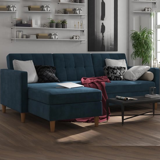 Read more about Henley fabric sofa bed with oak legs in blue