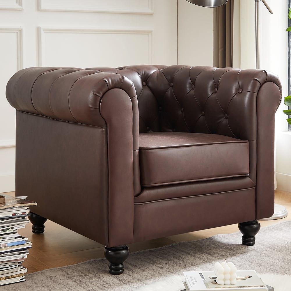 Hertford Chesterfield Faux Leather 1 Seater Sofa In Antique Brown
