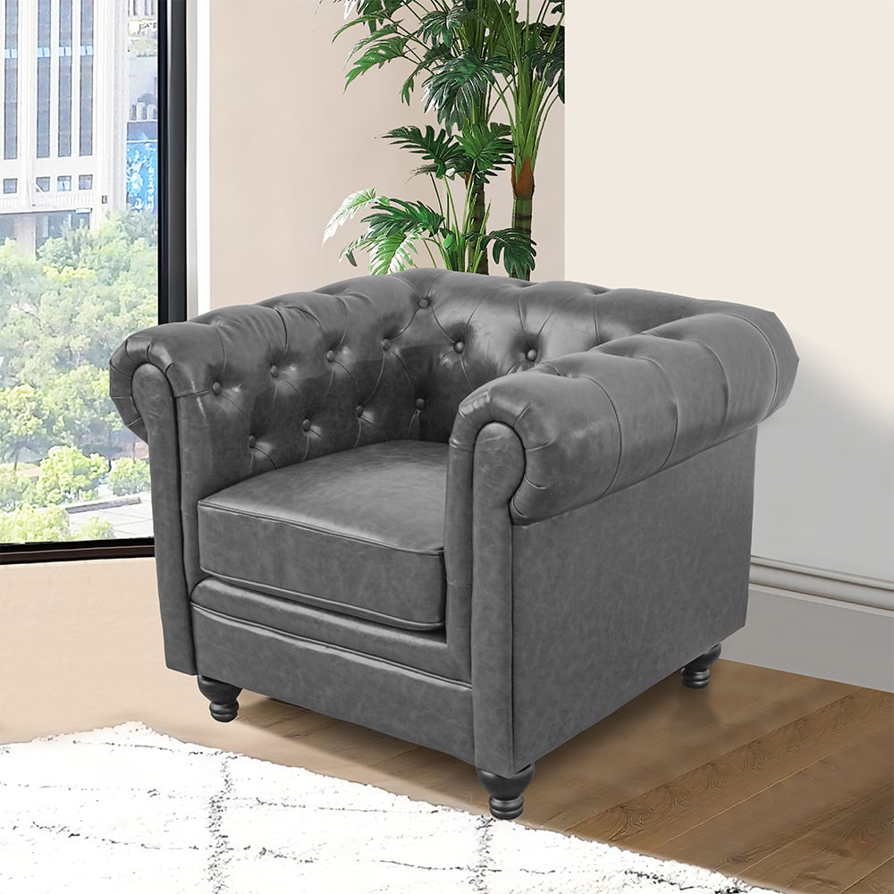 Hertford Chesterfield Faux Leather 1 Seater Sofa In Vintage Grey