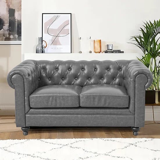 Product photograph of Hertford Chesterfield Faux Leather 2 Seater Sofa In Vintage Grey from Furniture in Fashion
