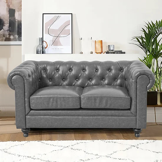 Hertford Chesterfield Faux Leather 2 Seater Sofa In Vintage Grey