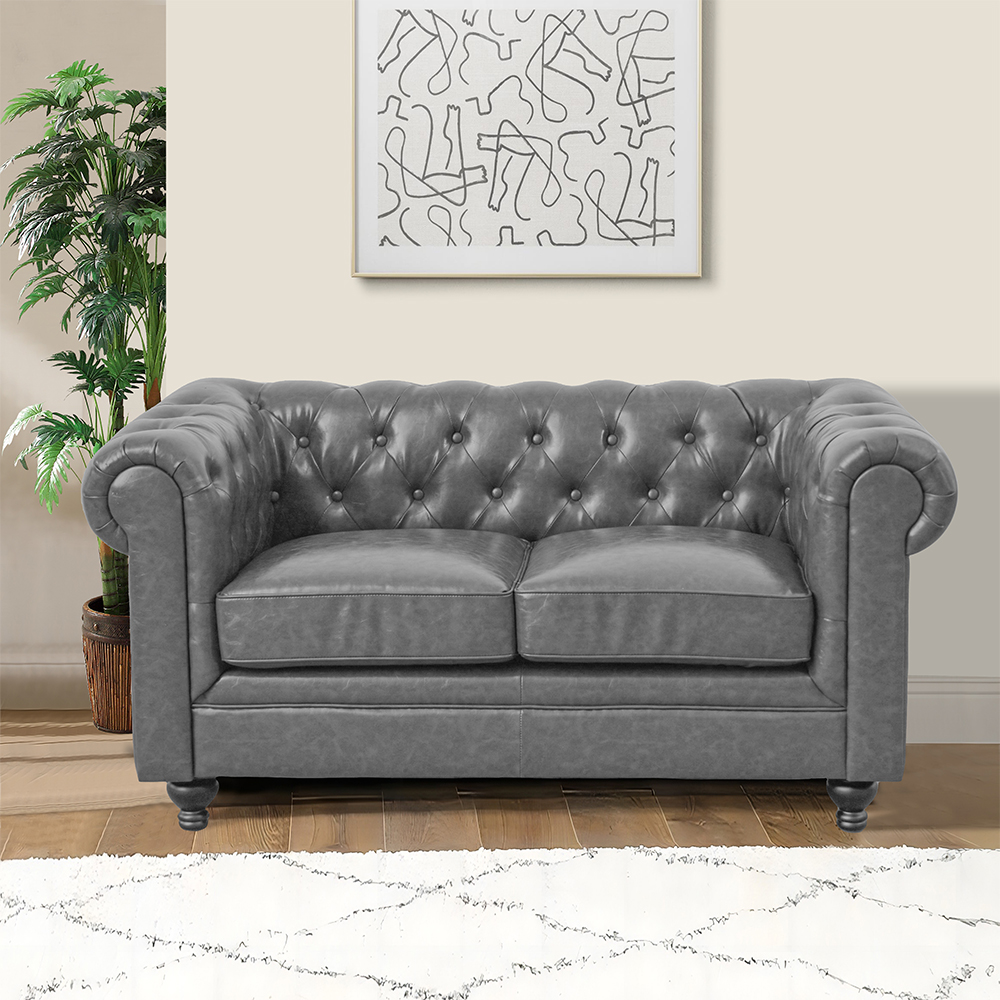 Hertford Chesterfield Faux Leather 2 Seater Sofa In Vintage Grey
