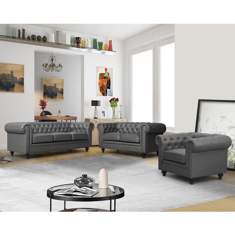 Read more about Hertford chesterfield faux leather 3+2+1 sofa set in dark grey