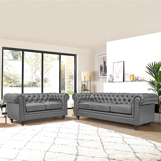 Hertford Chesterfield Faux Leather 3+2 Seater Sofa Set In Vintage Grey