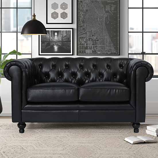 Hertford Chesterfield Faux Leather 3+2 Seater Sofa Set In Black