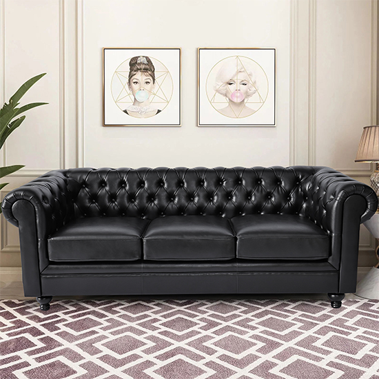 Hertford Chesterfield Faux Leather 3+2 Seater Sofa Set In Black