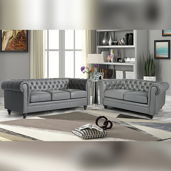 Hertford Faux Leather 3 + 2 Seater Sofa Set In Grey Furniture in Fashion