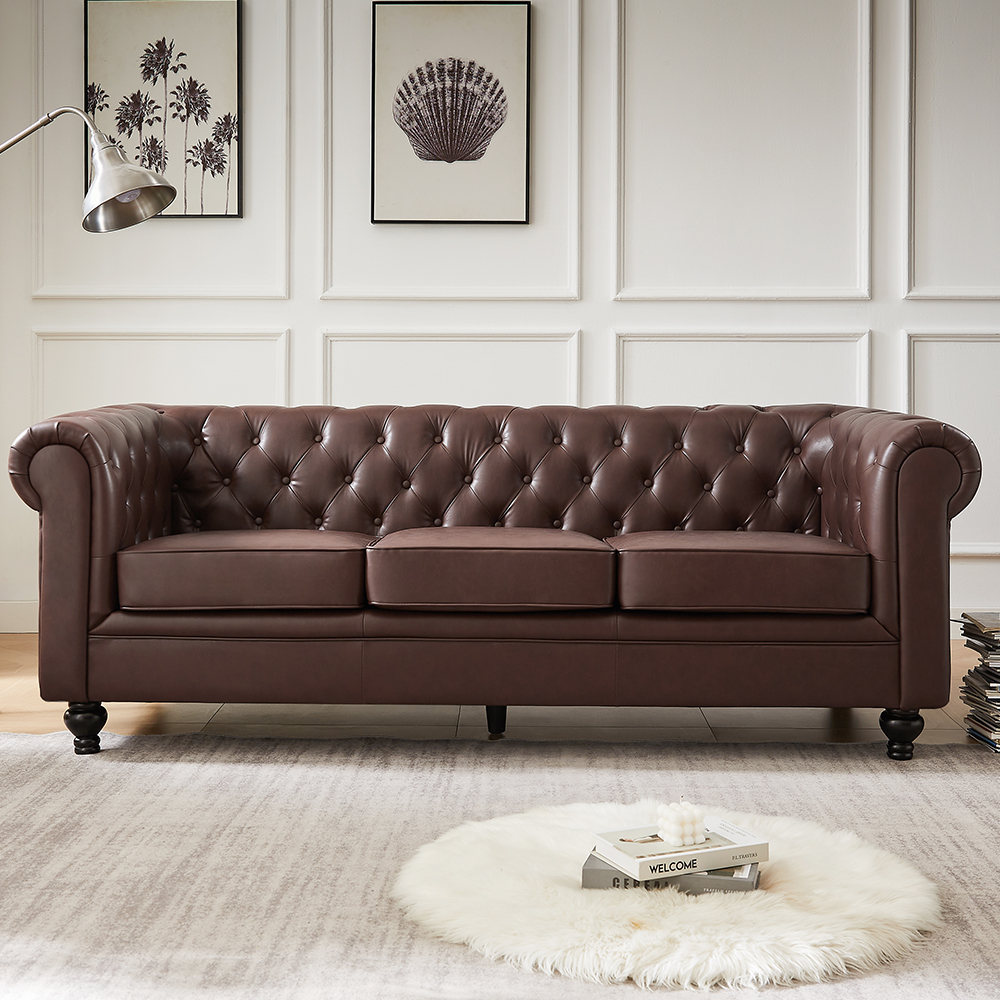 Hertford Chesterfield Faux Leather 3 Seater Sofa In Dark Brown