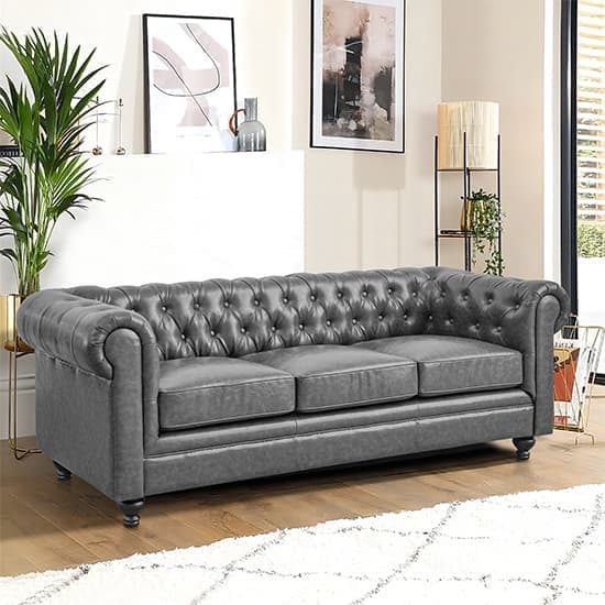 Hertford Chesterfield Faux Leather 3 Seater Sofa In Vintage Grey