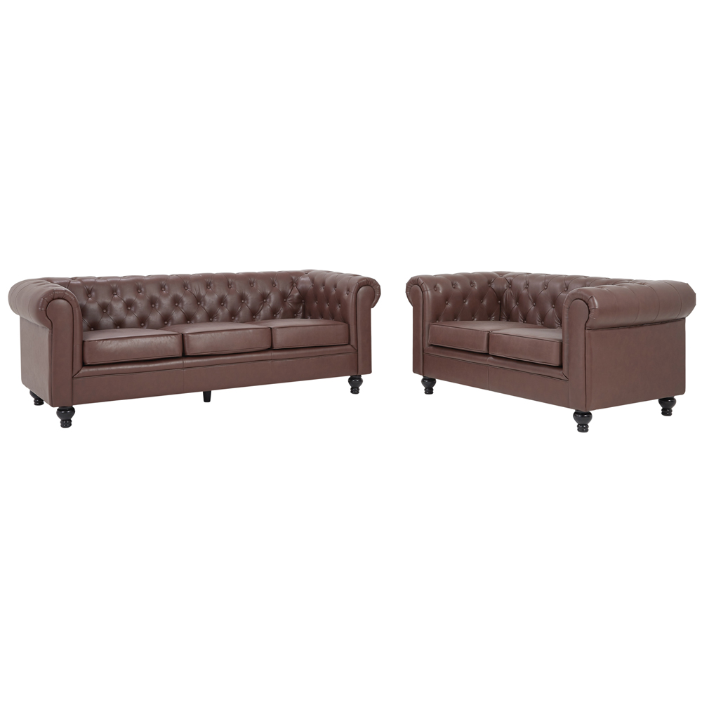 Hertford Chesterfield Faux Leather 3+2 Seater Sofa Set In Dark Brown