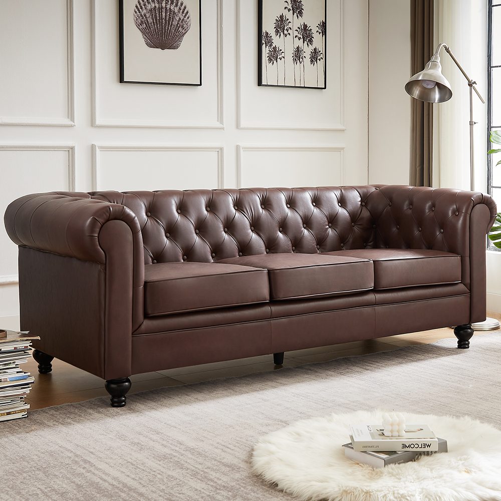Hertford Chesterfield Faux Leather 3+2 Seater Sofa Set In Dark Brown