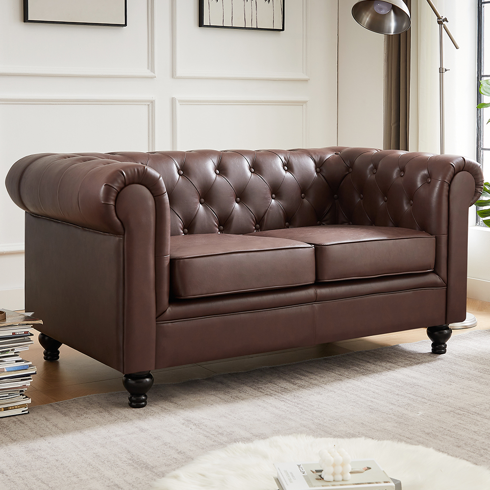 Hertford Chesterfield Faux Leather 3+2 Seater Sofa Set In Dark Brown