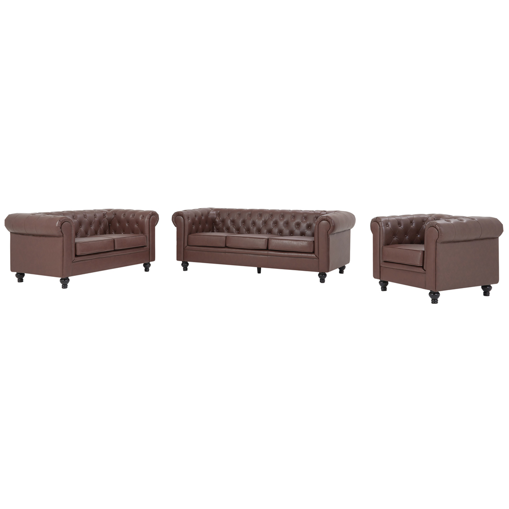 Hertford Chesterfield Faux Leather 3+2+1 Seater Sofa Set In Dark Brown