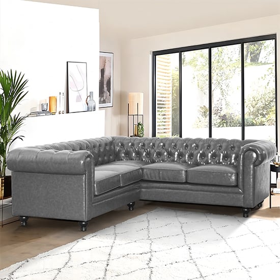 Hertford Chesterfield Faux Leather Corner Sofa In Vintage Grey