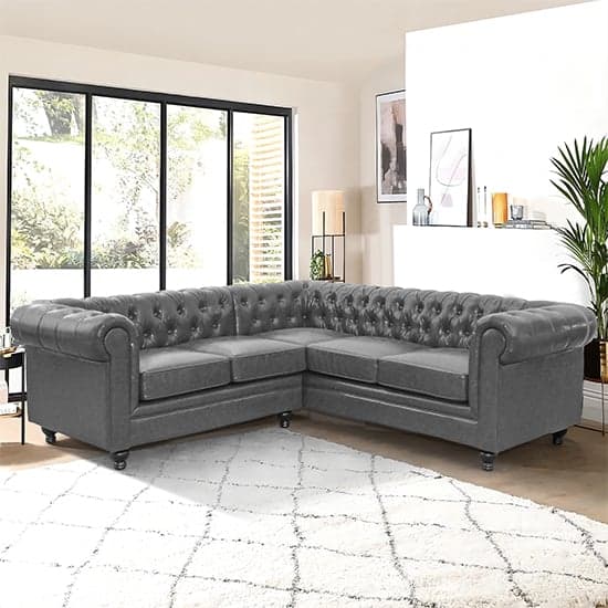 Hertford Chesterfield Faux Leather Corner Sofa In Vintage Grey