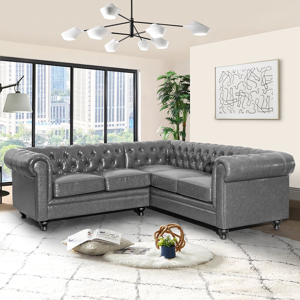 Hertford Chesterfield Faux Leather Corner Sofa In Vintage Grey