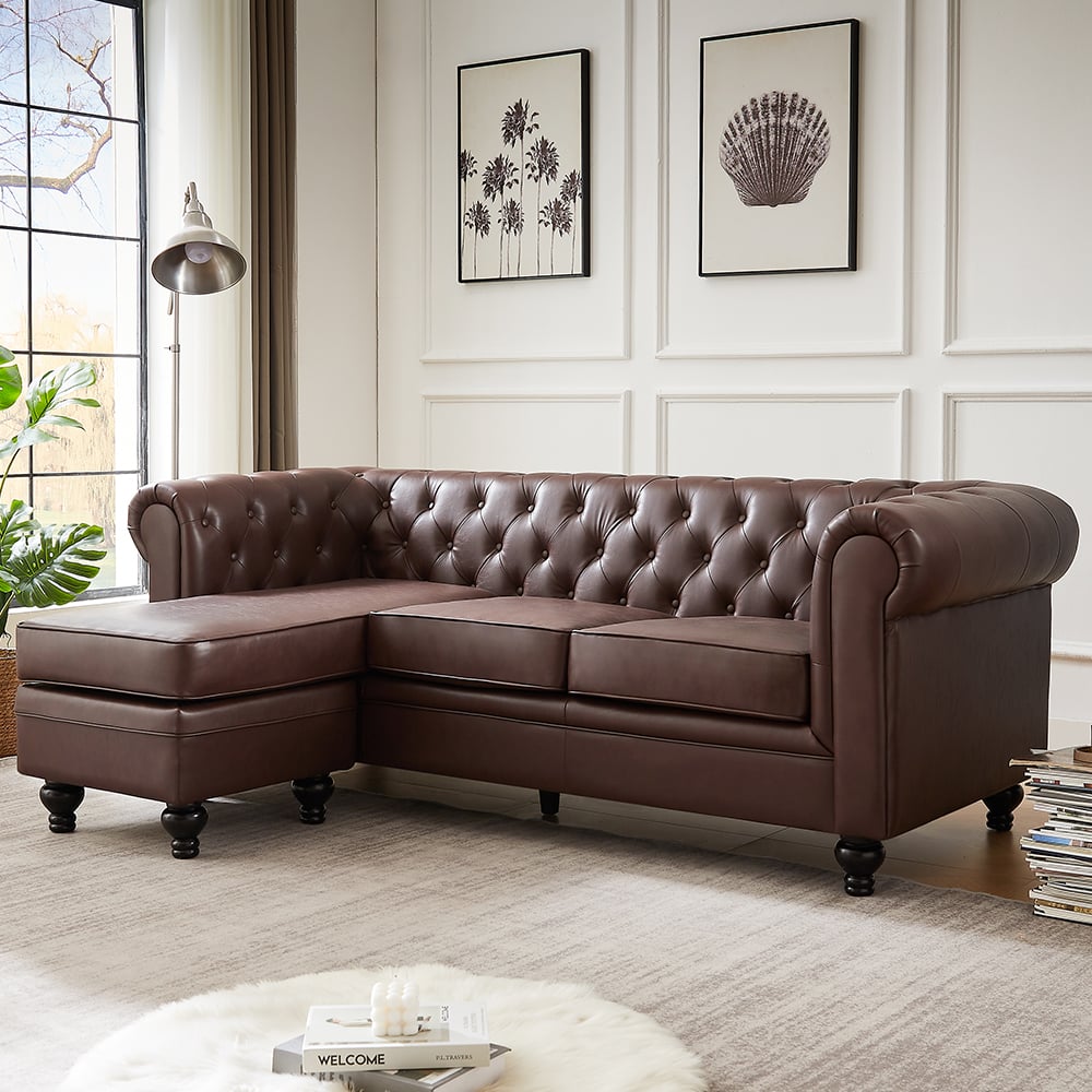 Hertford Chesterfield Faux Leather L Shaped Corner Sofa In Dark Brown