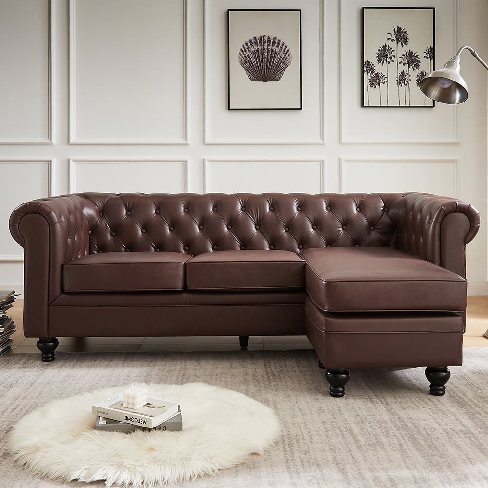 Hertford Chesterfield Faux Leather L Shaped Corner Sofa In Dark Brown