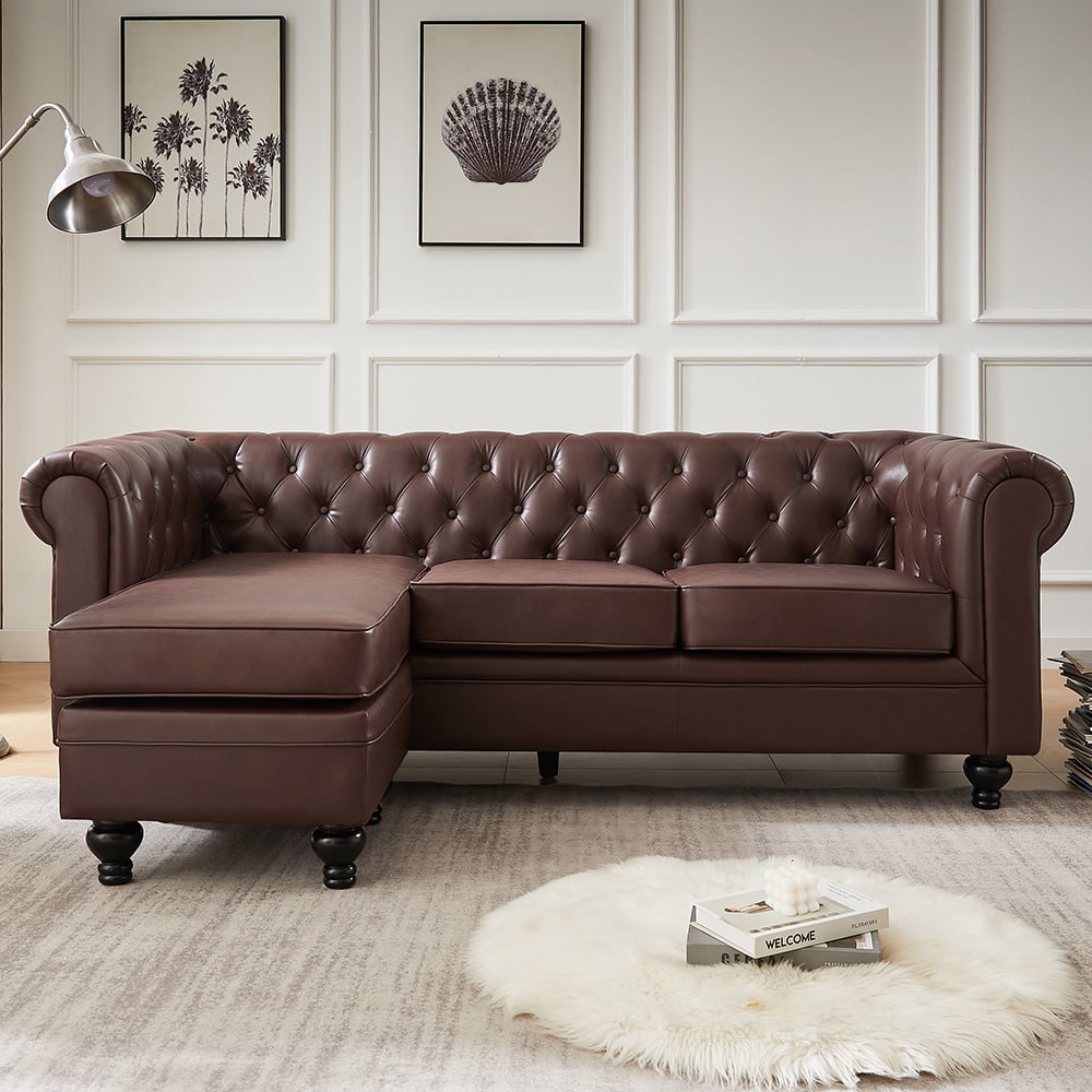 Hertford Chesterfield Faux Leather L Shaped Corner Sofa In Dark Brown
