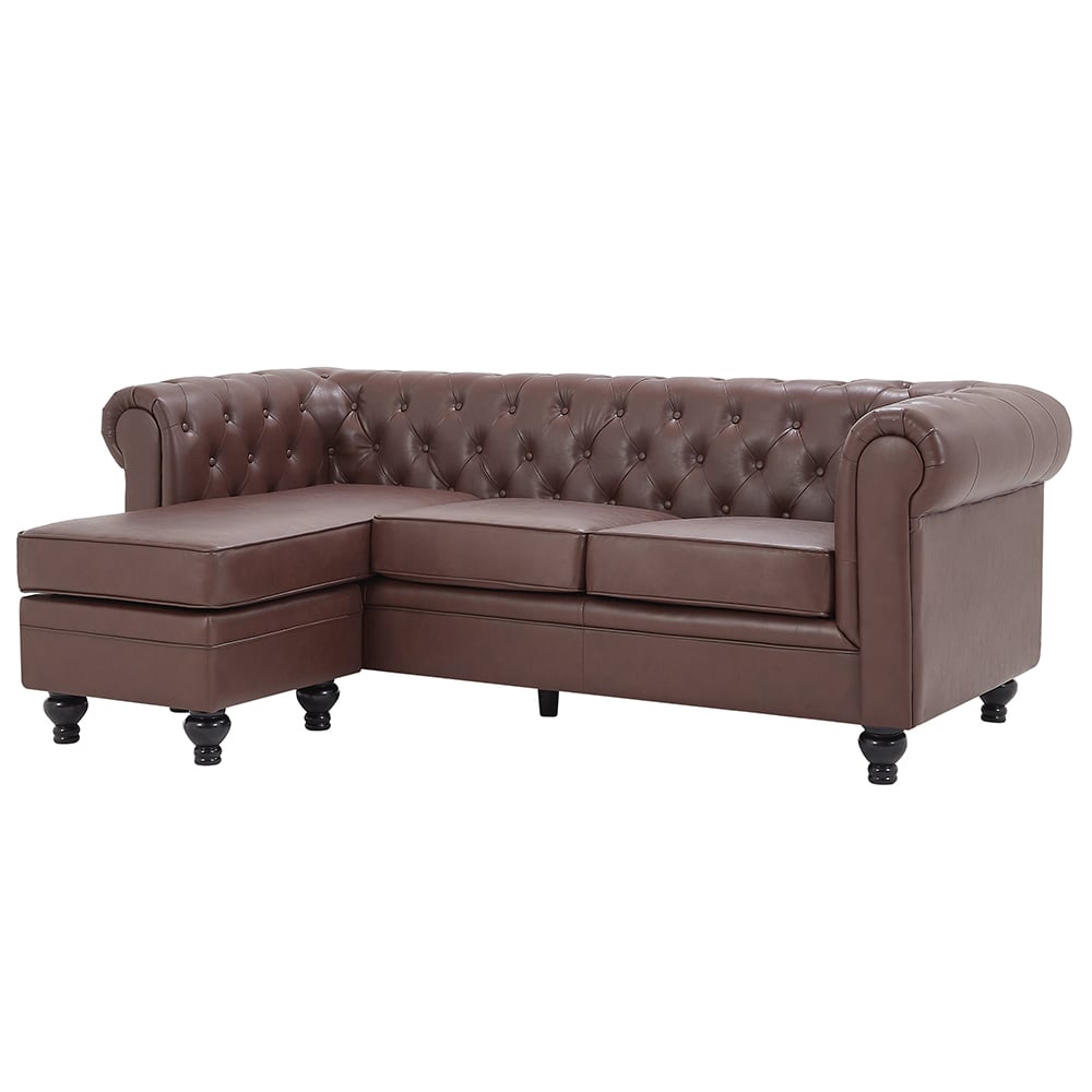 Hertford Chesterfield Faux Leather L Shaped Corner Sofa In Dark Brown