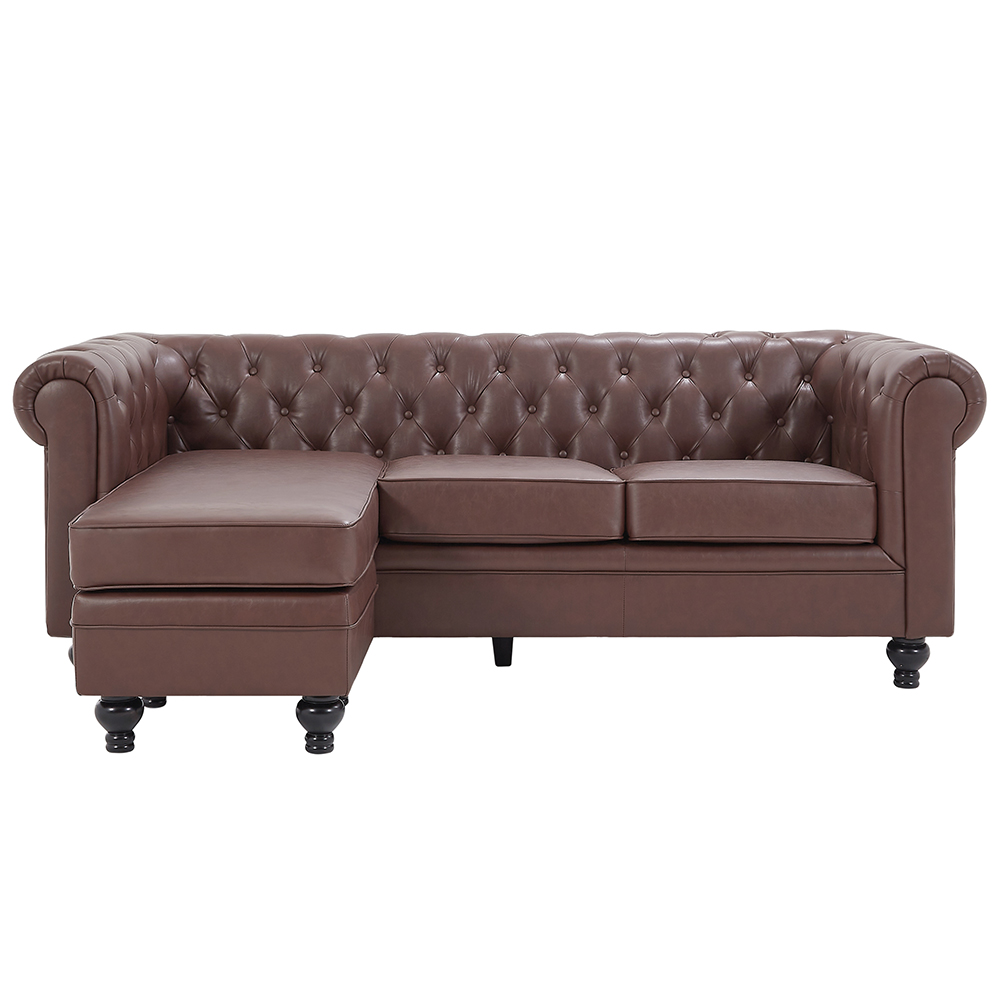 Hertford Chesterfield Faux Leather L Shaped Corner Sofa In Dark Brown