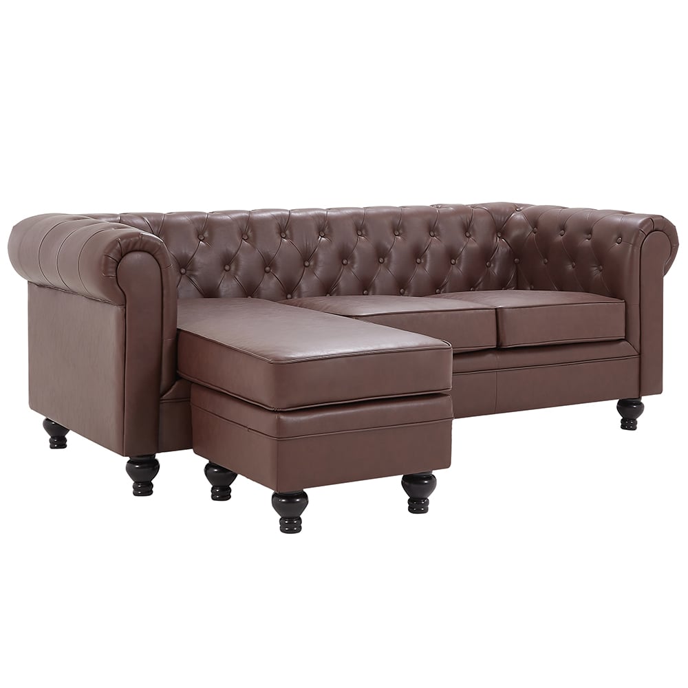 Hertford Chesterfield Faux Leather L Shaped Corner Sofa In Dark Brown