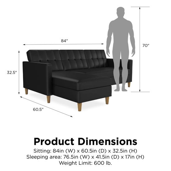 Henley Faux Leather Sofa Bed With Oak Legs In Black