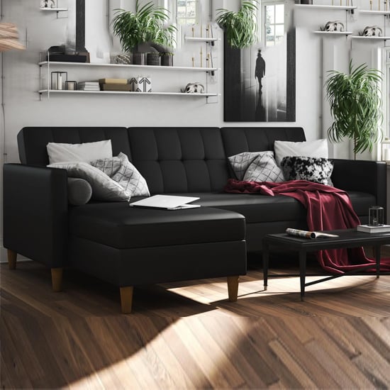 Product photograph of Hertford Faux Leather Sectional Sofa Bed With Storage In Black from Furniture in Fashion