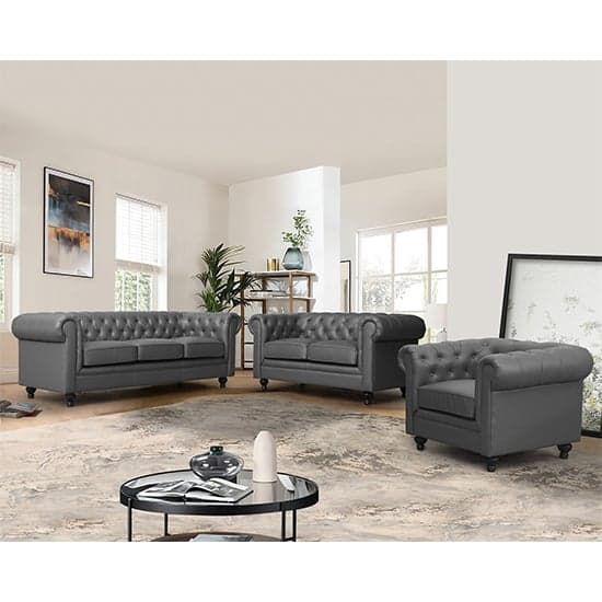 Product photograph of Hertford Chesterfield Faux Leather 3 2 1 Sofa Set In Dark Grey from Furniture in Fashion
