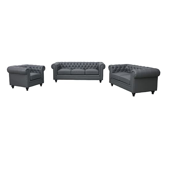 Hertford Chesterfield Faux Leather 3+2+1 Sofa Set In Dark Grey