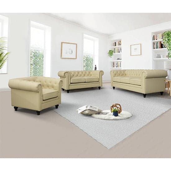 Product photograph of Hertford Chesterfield Faux Leather 3 2 1 Sofa Set In Ivory from Furniture in Fashion