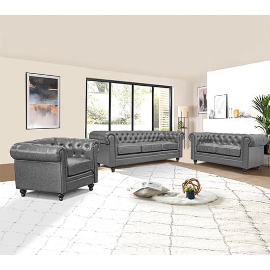 Product photograph of Hertford Chesterfield Faux Leather 3 2 1 Sofa Set In Vintage Grey from Furniture in Fashion