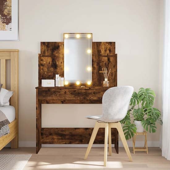 Product photograph of Hervey Wooden Dressing Table In Smoked Oak With Led from Furniture in Fashion