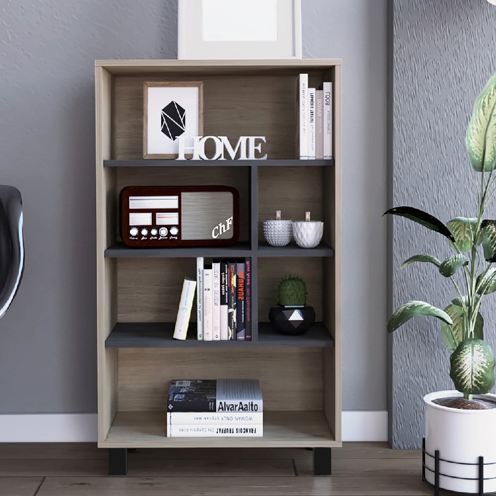 Read more about Heswall wooden bookcase with 6 shelves in oak and grey