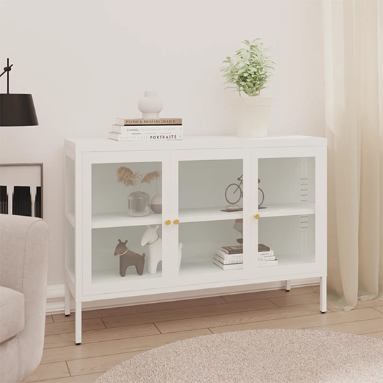 Hetty Clear Glass Sideboard With 3 Doors In White Steel Frame