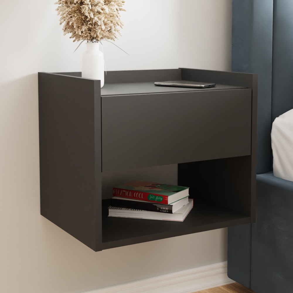 Hever Wall Hung Anthracite Wooden Bedside Cabinets In Pair