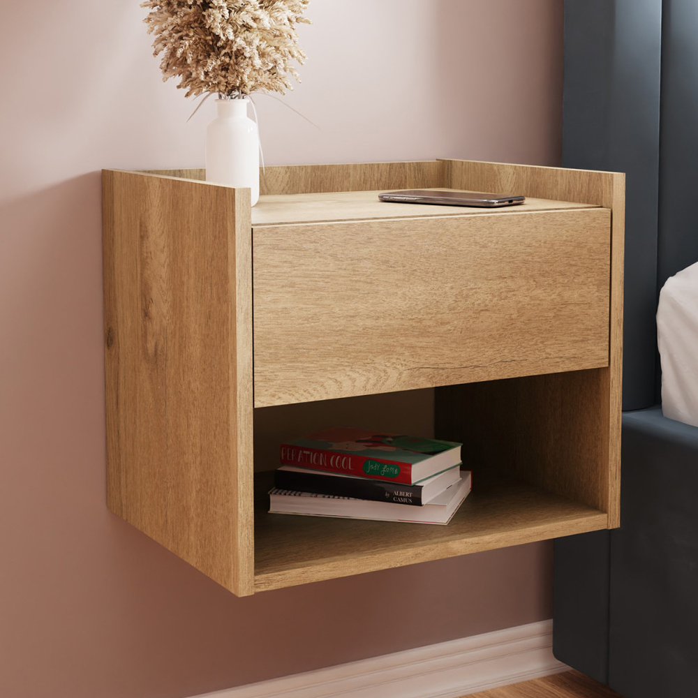 Hever Wall Mounted Oak Wooden Bedside Cabinets in Pair