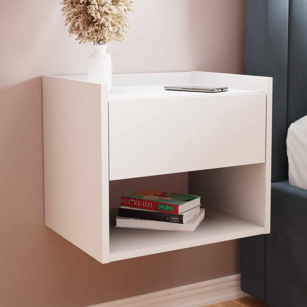 Hever Wall Mounted White Wooden Bedside Cabinets in Pair