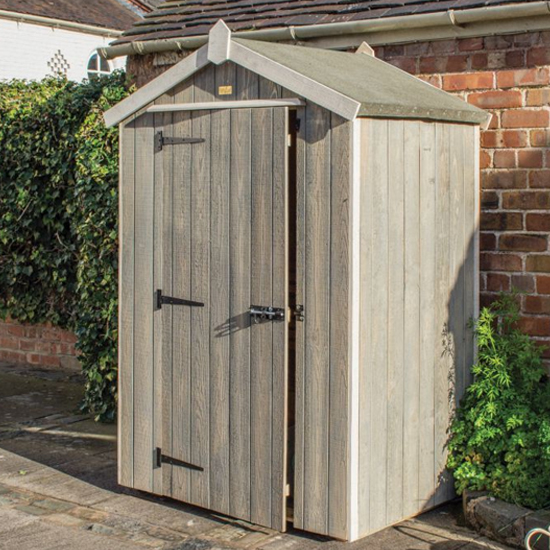 Read more about Hewick wooden 4x3 garden shed in grey wash with white trim